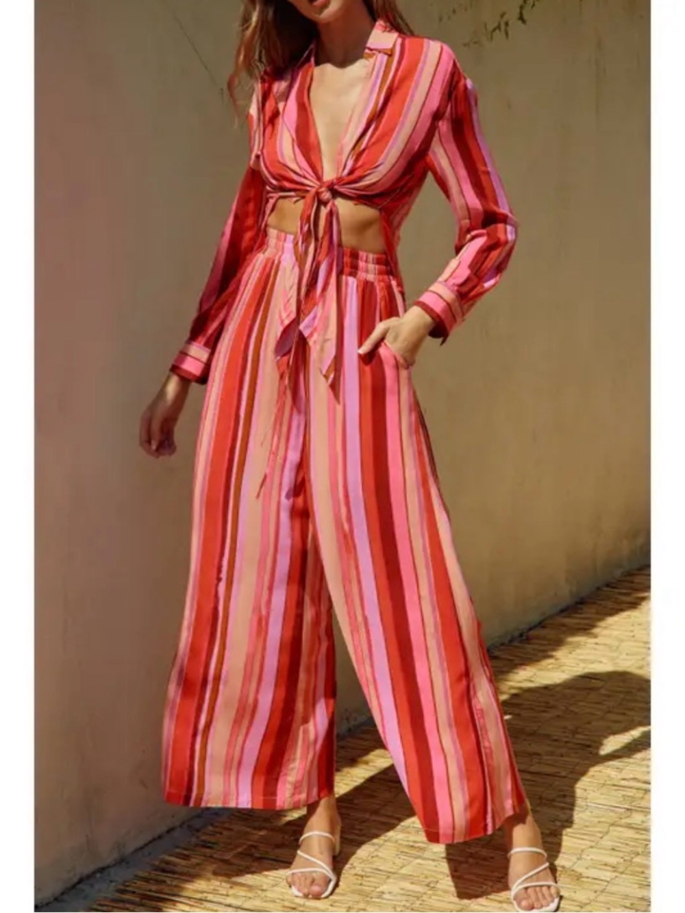 Vici Striped Pink & Red Wide-Leg 2 piece Set